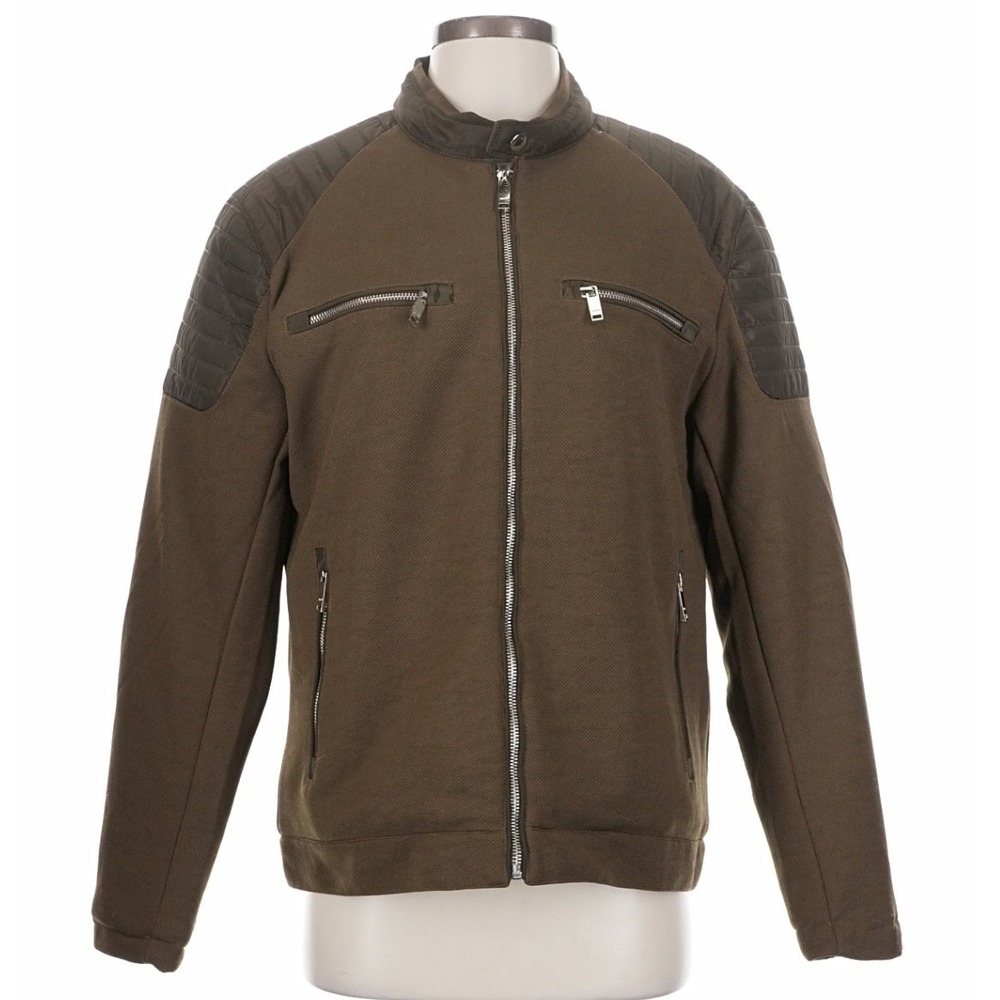 Engine Mens Quilted Shoulder Full Zip Moto Jacket Olive Green Small